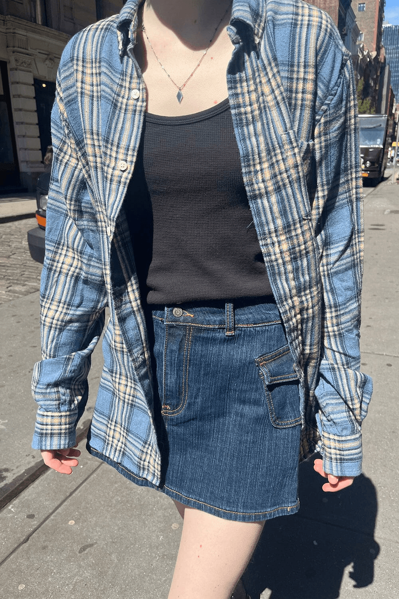 Brandy Melville Hazel Flanel üst Gökyüzü Mavi Krem Siyah Kareli (etkinleştirme) Tamam