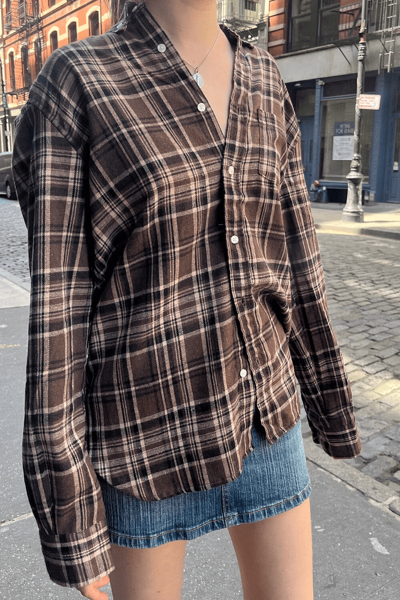Brandy Melville Hazel Flannel Top Brązowy I Czarny W Kratkę (nie Włączaj) Ok