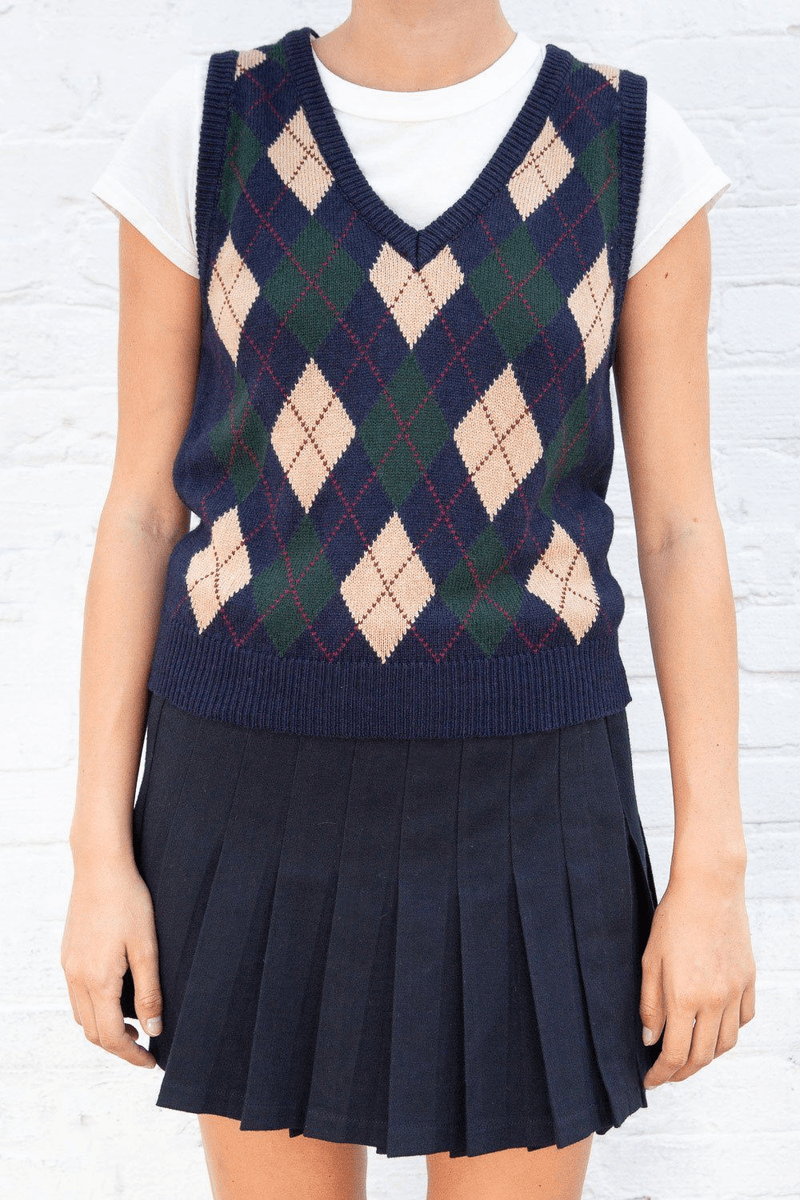 Brandy Melville Peyton Argyle Svetr Bez Rukávů Námořnická Modrá, Béžová, Zelená A červená Argyle