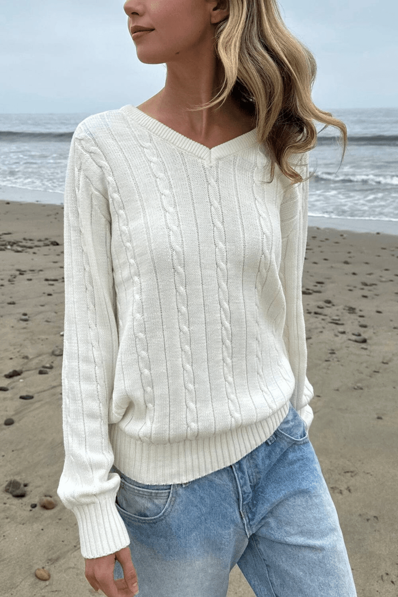 Brandy Melville Ida Sweater Rajut Kabel Katun V-neck Ivory