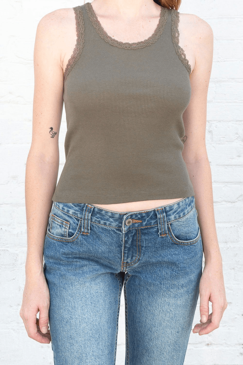 Brandy Melville Ronnie Rib Krajkový Top Olivově Zelený