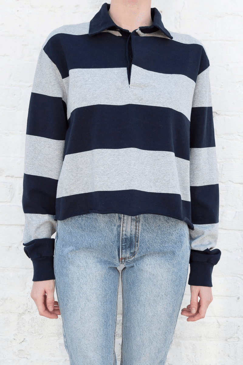 Brandy Melville Evelyn Thick Stripe Top Grey and Navy Stripe