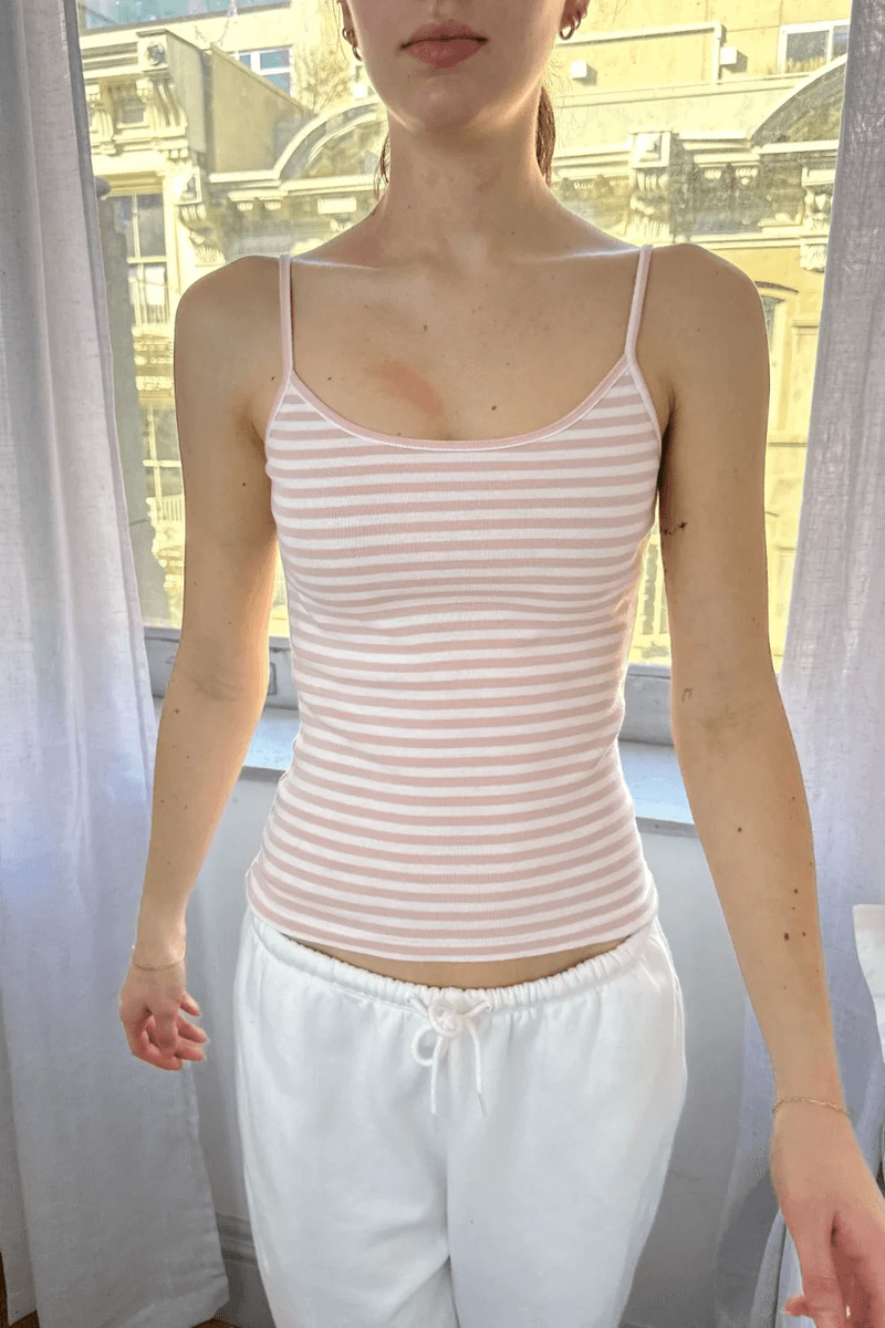 Brandy Melville Skylar Tank Garis Merah Muda Muda Dan Putih Garis