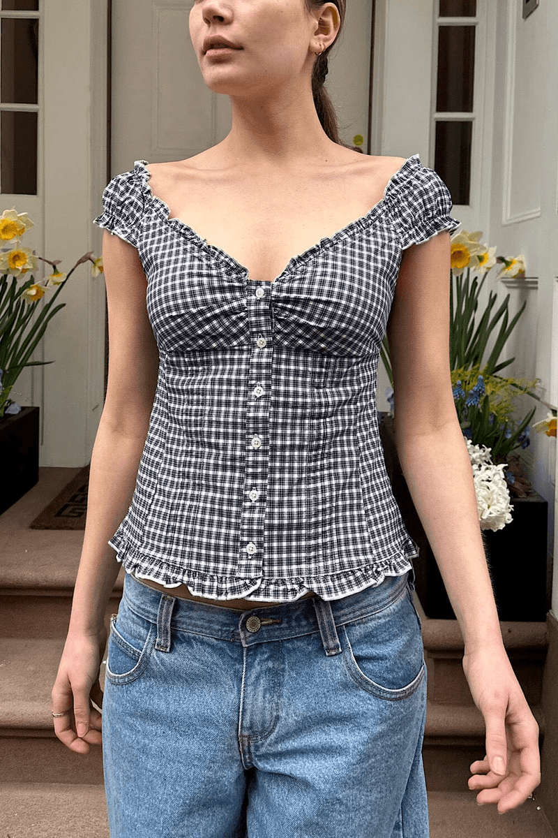 Brandy Melville Elena Károvaný Top Námornícka Modrá A Biela Károvaná