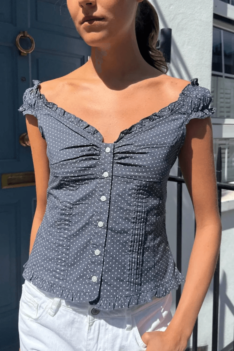 Brandy Melville Elena Top S Puntíky Vybledlá Námořnická Modrá S Bílými Puntíky