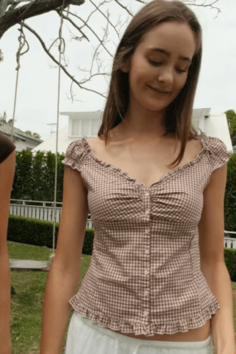 Brandy Melville Elena Gingham Topp Brun Og Elfenbensfarget Rutet