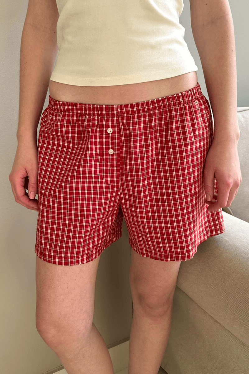 Brandy Melville Keira Celana Boxer Gingham Panjang Merah Dan Putih